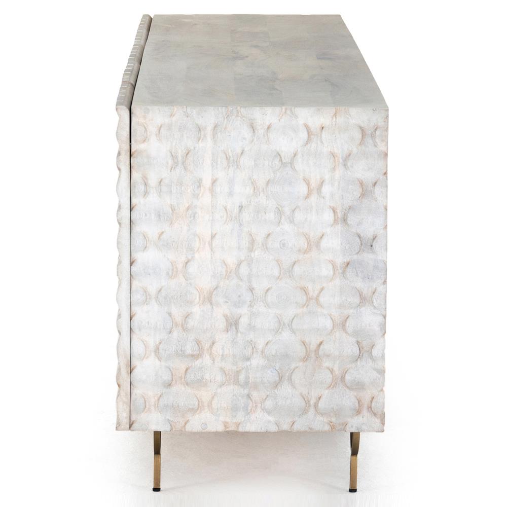 Harriet Mid Century White Wash Carved Mango Wood Gold Iron Base Media Cabinet - 82"W|