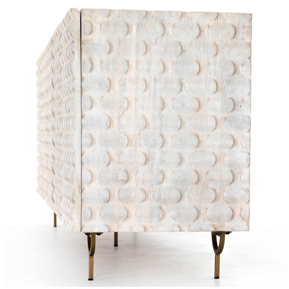 Harriet Mid Century White Wash Carved Mango Wood Gold Iron Base Media Cabinet - 82"W|