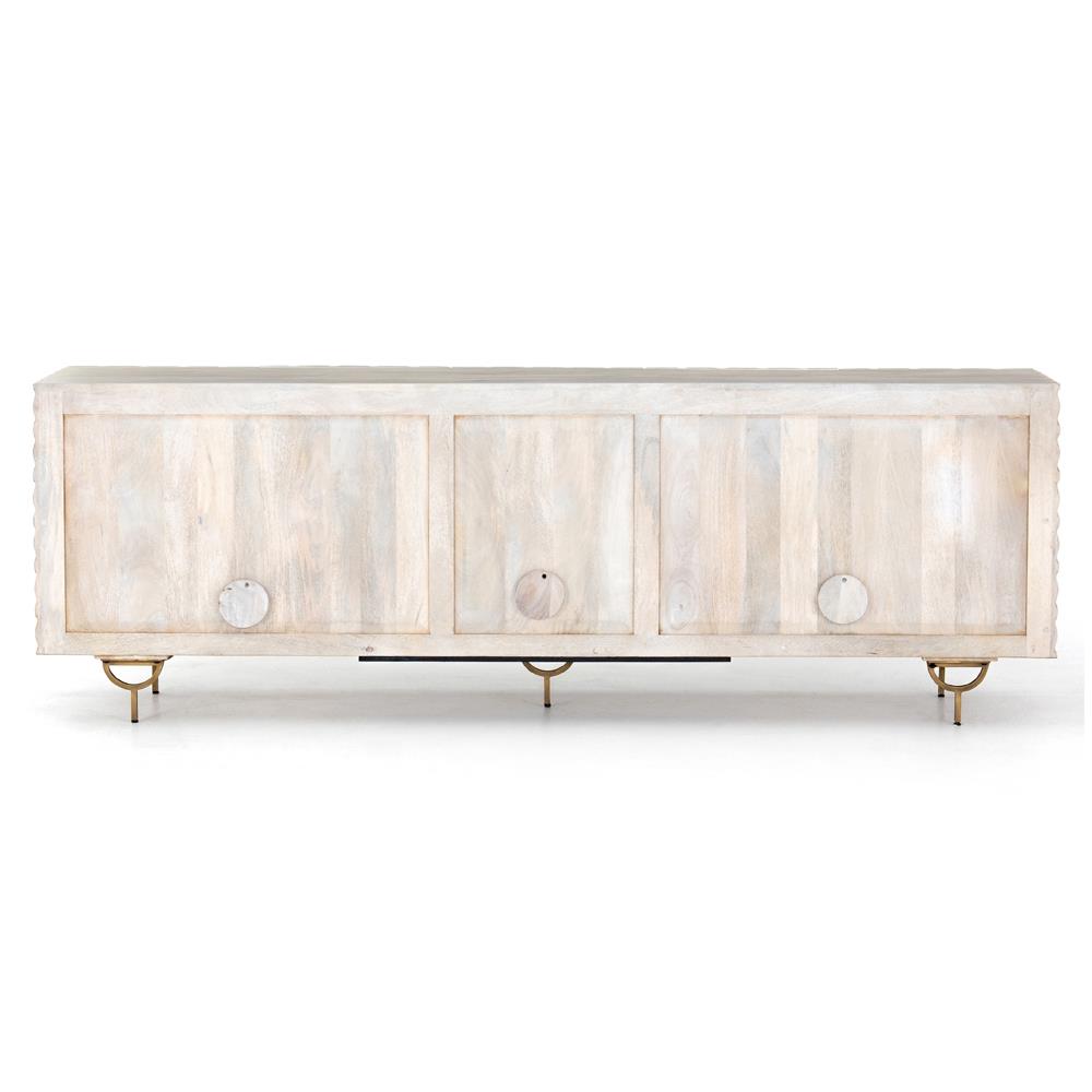 Harriet Mid Century White Wash Carved Mango Wood Gold Iron Base Media Cabinet - 82"W|