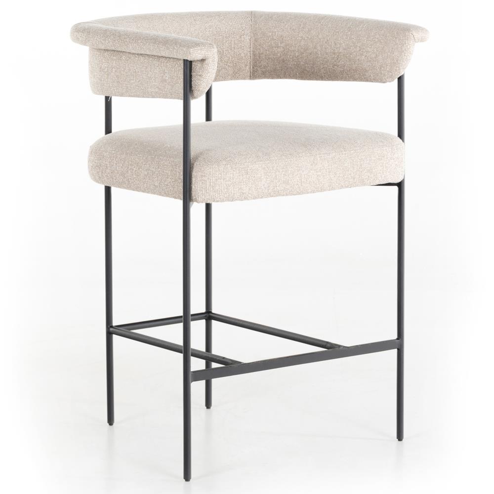 Penelope Industrial Off White Upholstered Matte Black Iron Barrel Counter Stool|