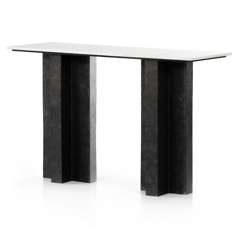 Hanne Mid Century Modern White Marble Black Aluminum Rectangular Console Table|