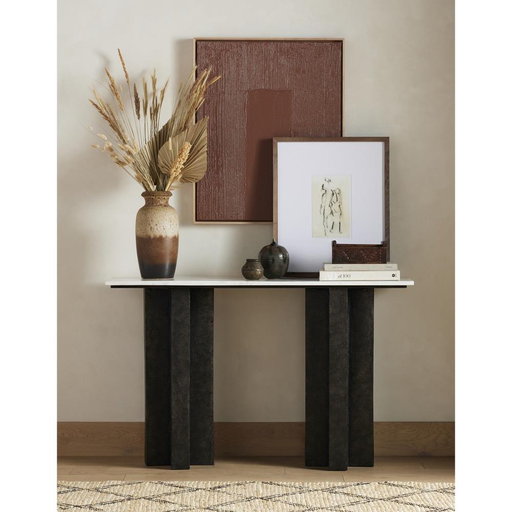 Hanne Mid Century Modern White Marble Black Aluminum Rectangular Console Table|