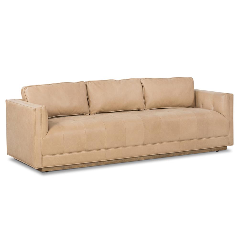 Celeste Rustic Lodge Beige Upholstered Leather Brown Wood Tufted Seat Sofa - 90"W|