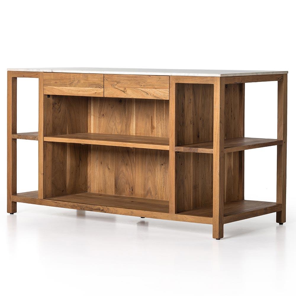 Sohail Coastal Beach White Marble Brown Acacia Wood Kitchen Island - 62"|