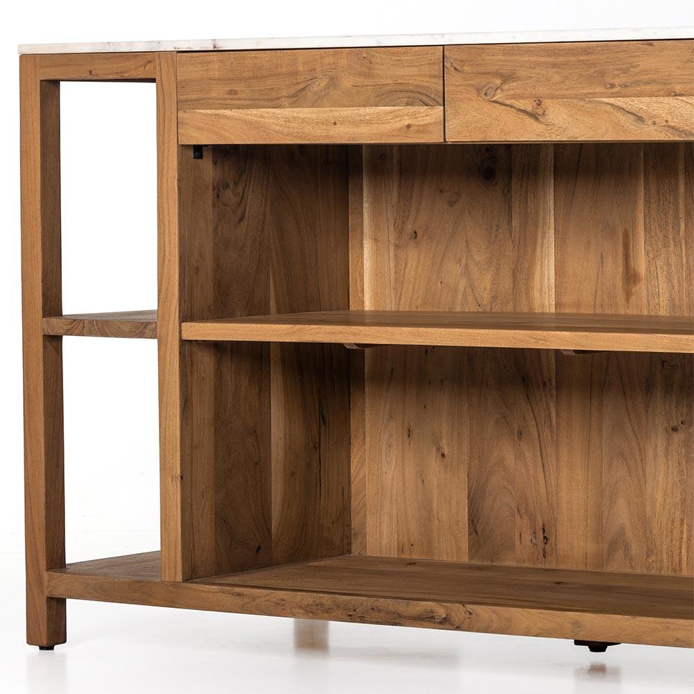 Sohail Coastal Beach White Marble Brown Acacia Wood Kitchen Island - 62"|