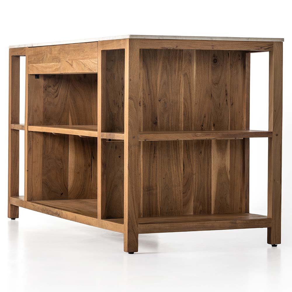 Sohail Coastal Beach White Marble Brown Acacia Wood Kitchen Island - 62"|