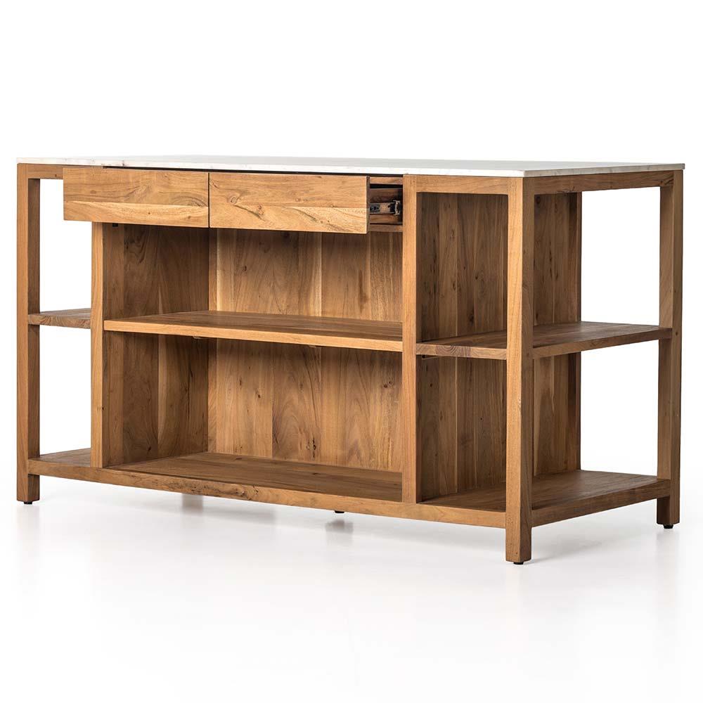 Sohail Coastal Beach White Marble Brown Acacia Wood Kitchen Island - 62"|