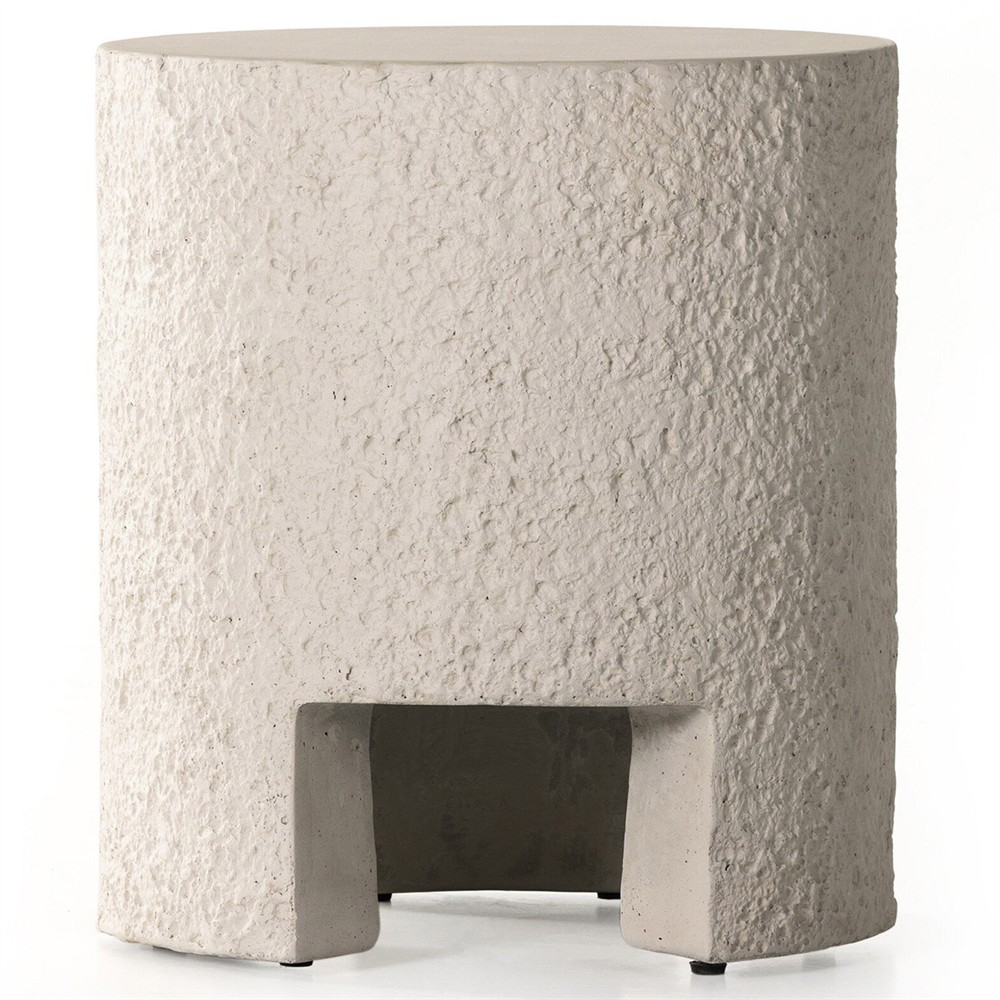 Kingston Industrial Loft White Textured Concrete Round Drum Outdoor End Table|