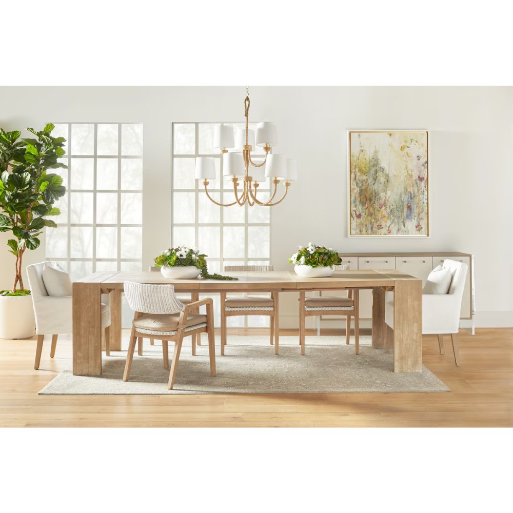 Lucile Coastal Beach Beige Cushion White Woven Rattan Grey Mahogany Dining Arm Chair|