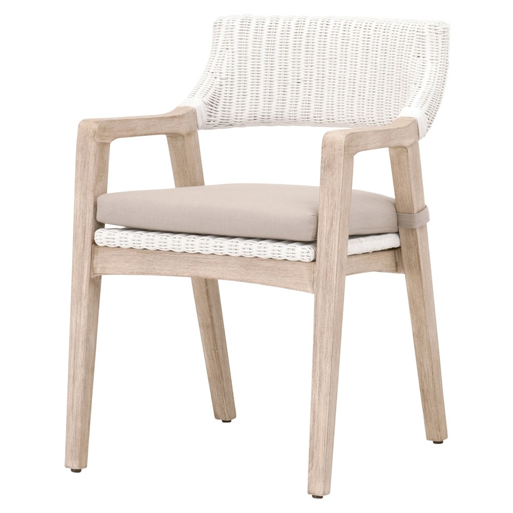 Lucile Coastal Beach Beige Cushion White Woven Rattan Grey Mahogany Dining Arm Chair|