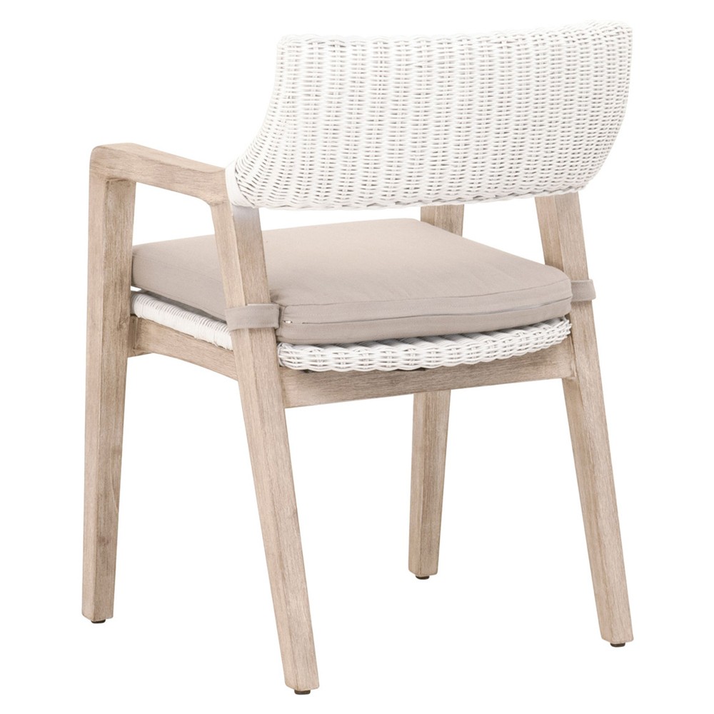 Lucile Coastal Beach Beige Cushion White Woven Rattan Grey Mahogany Dining Arm Chair|