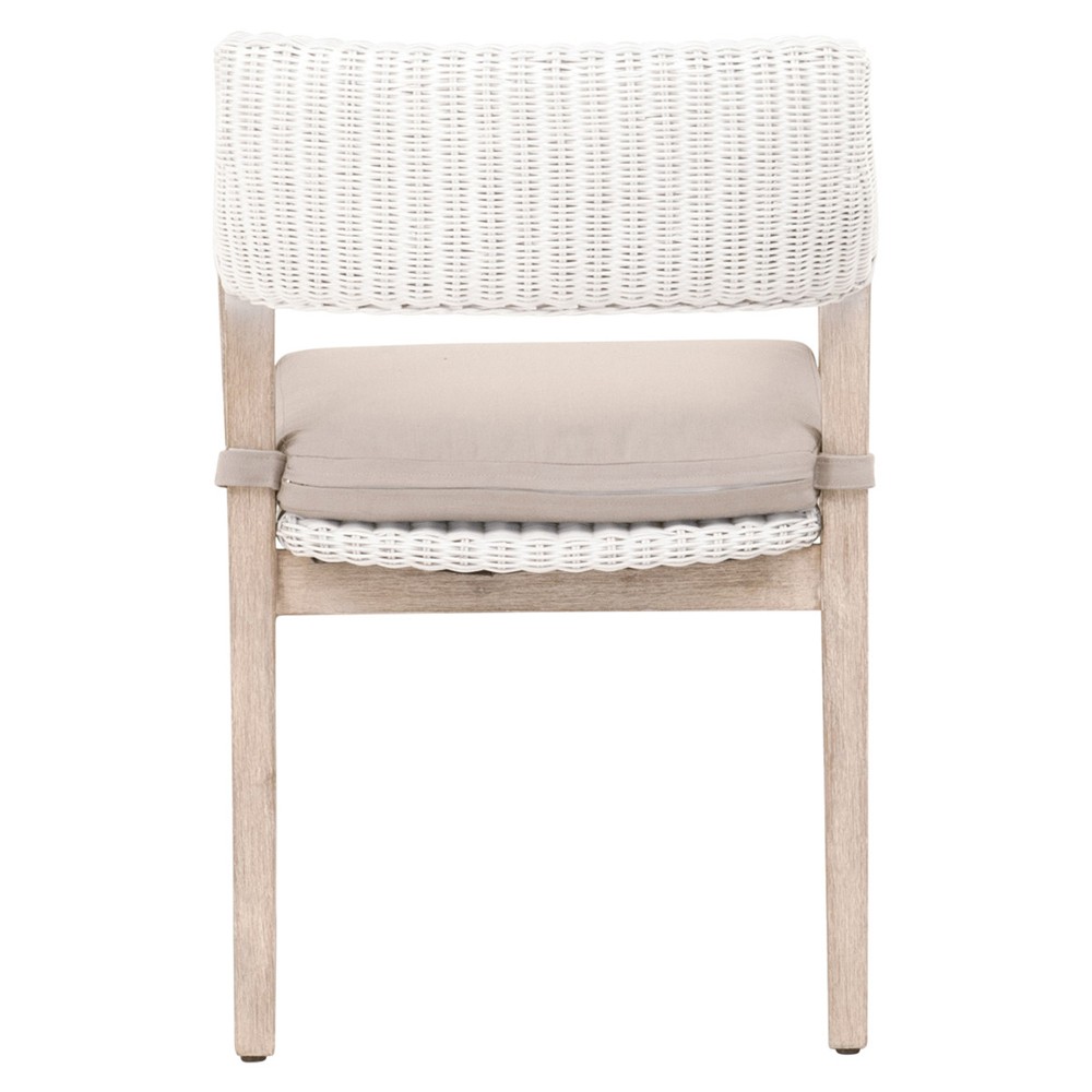 Lucile Coastal Beach Beige Cushion White Woven Rattan Grey Mahogany Dining Arm Chair|