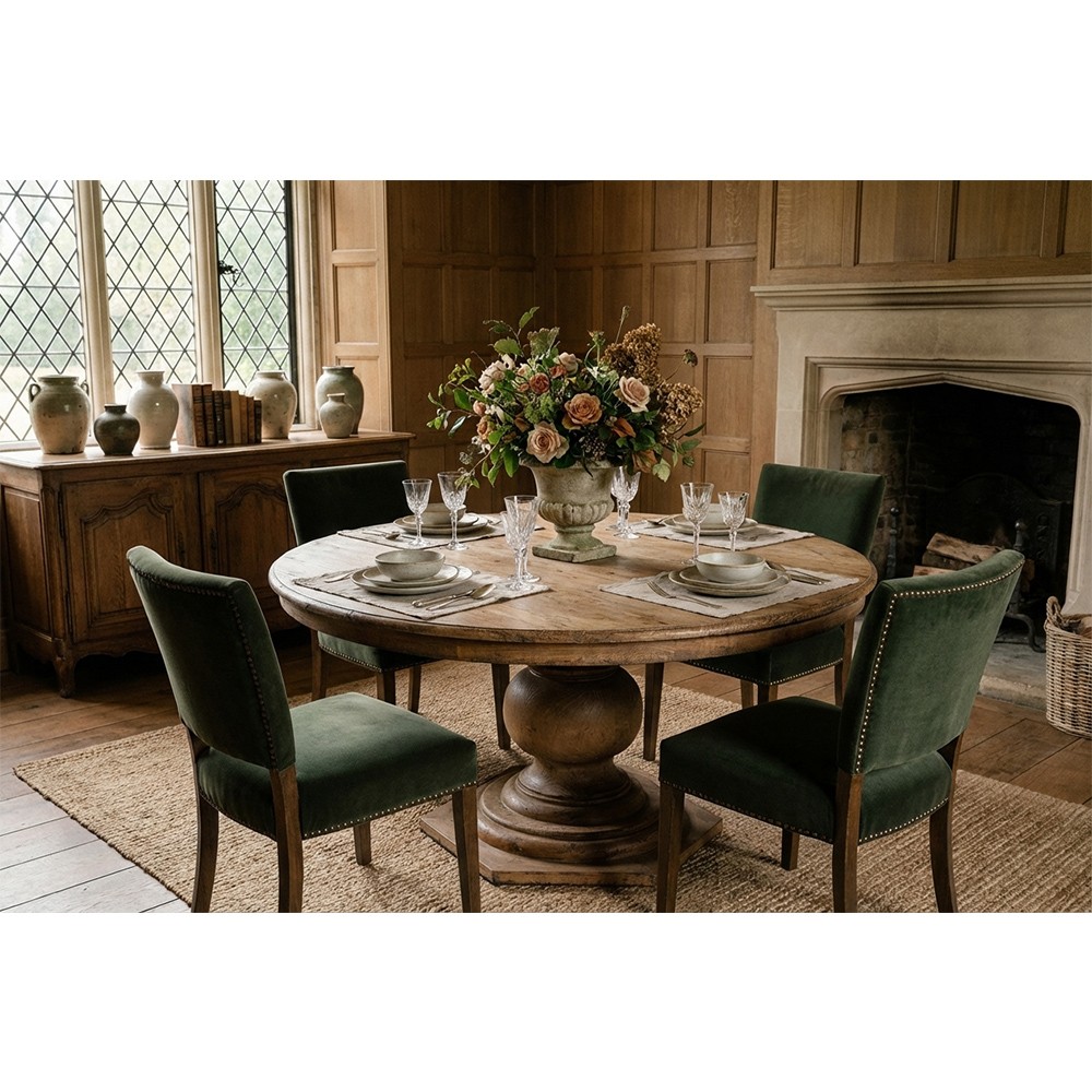 Robin French Brown Reclaimed Pine Wood Round Pedestal Dining Table