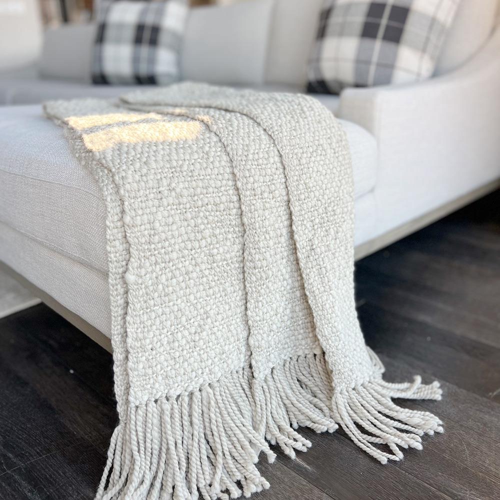 Sage Coastal Beach Pebble Wool Handwoven Throw Blanket|