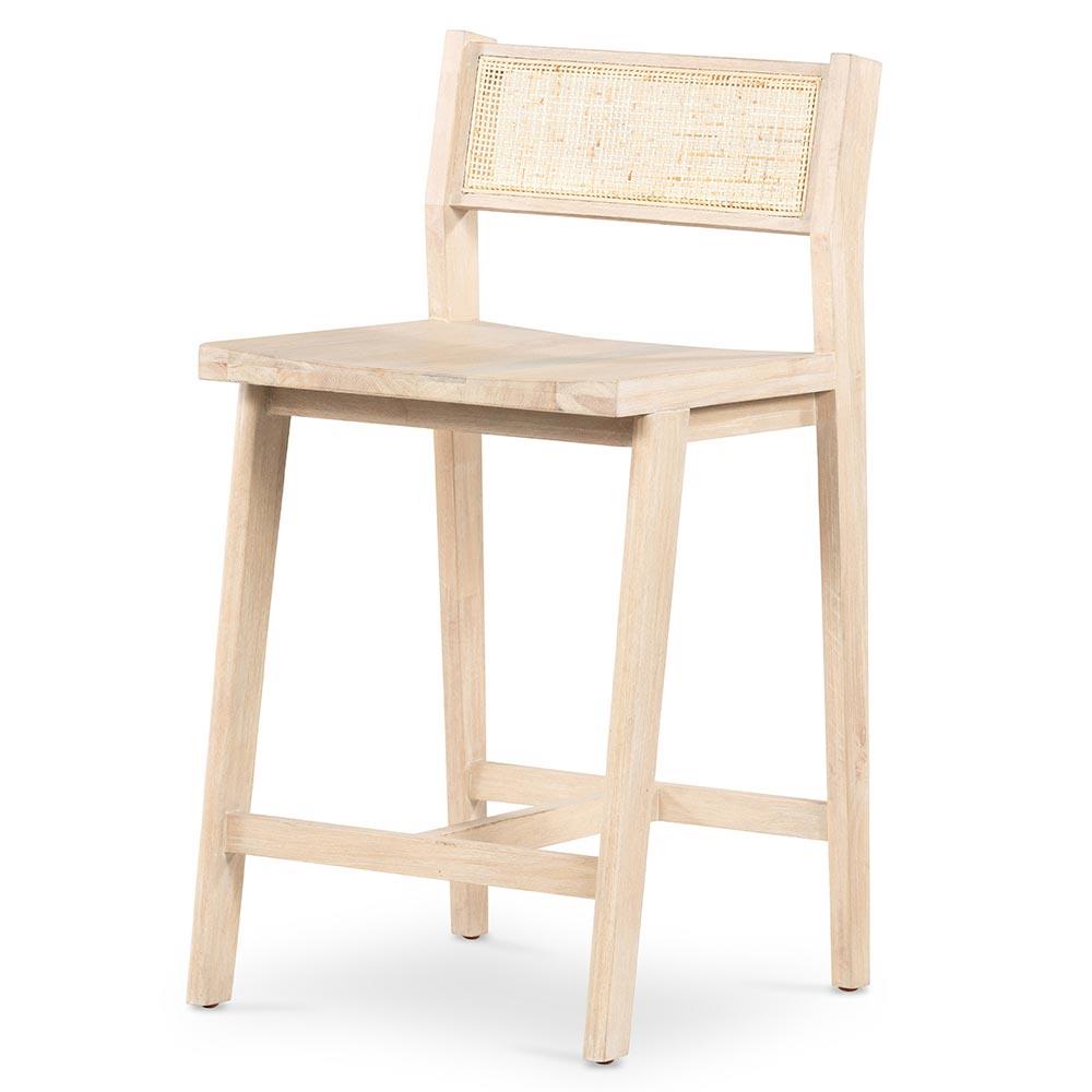 Marina Coastal Beach Whitewash Solid Mango Wood Natural Woven Cane Counter Stool|