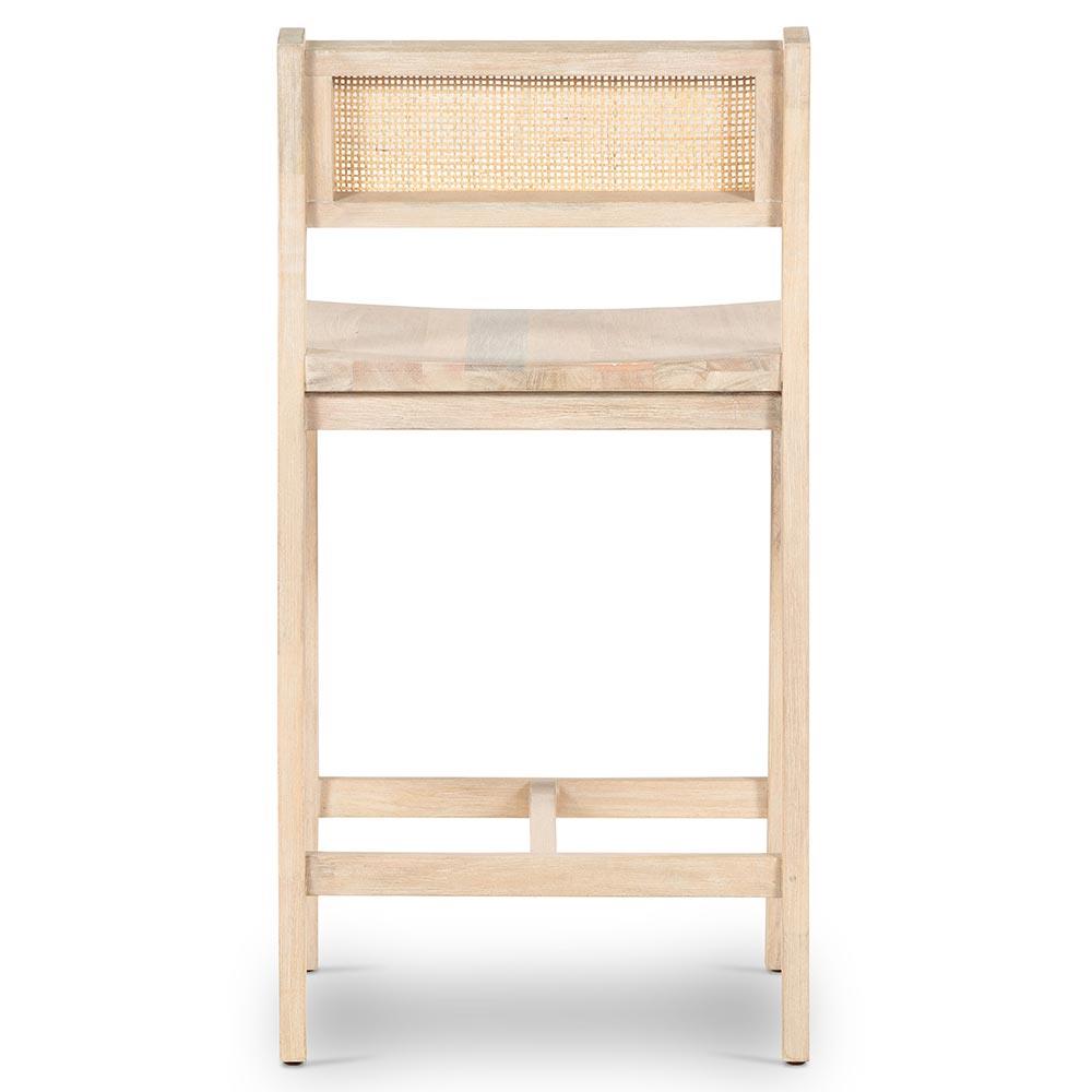 Marina Coastal Beach Whitewash Solid Mango Wood Natural Woven Cane Counter Stool|