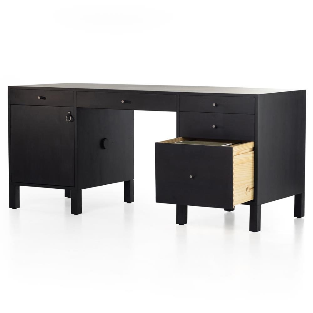 Isaac Rustic Lodge Black Wood 5 Drawer 1 Door Executive Desk|