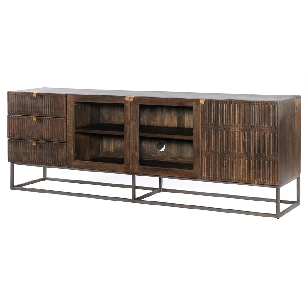 Madison Mid Century Brown Mango Wood Black Iron 3 Door Media Cabinet - 79"W|