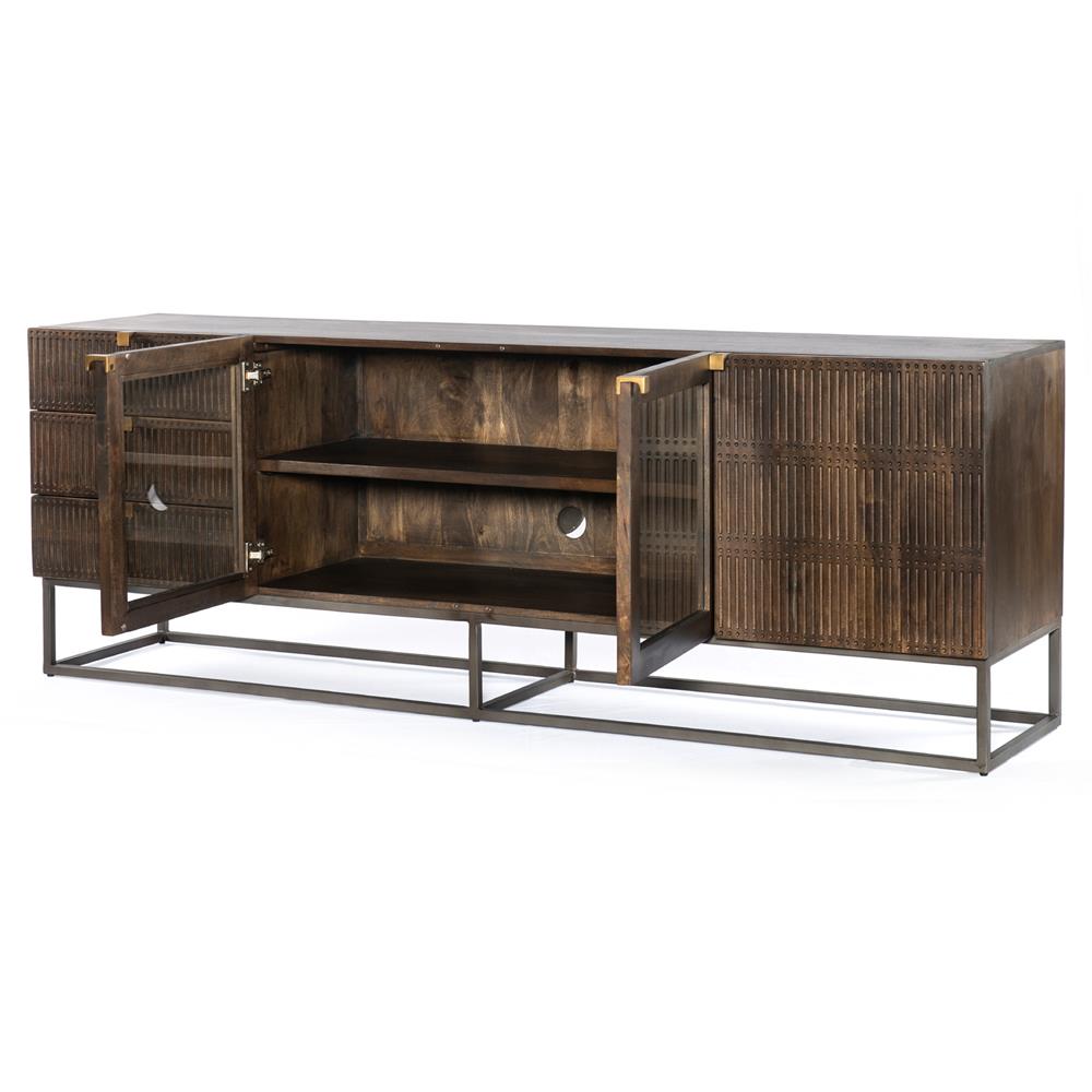 Madison Mid Century Brown Mango Wood Black Iron 3 Door Media Cabinet - 79"W|