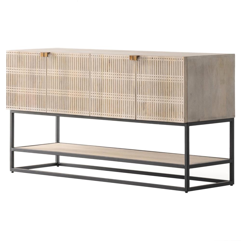 Madison Mid Century Washed Grey Mango Wood Black Iron 4 Door Media Cabinet - 56"W|