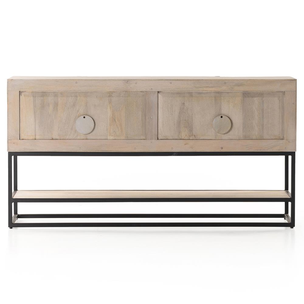 Madison Mid Century Washed Grey Mango Wood Black Iron 4 Door Media Cabinet - 56"W|