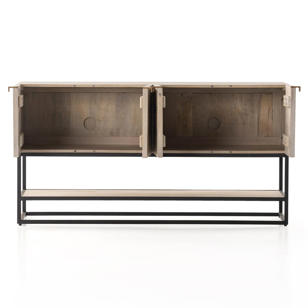 Madison Mid Century Washed Grey Mango Wood Black Iron 4 Door Media Cabinet - 56"W|