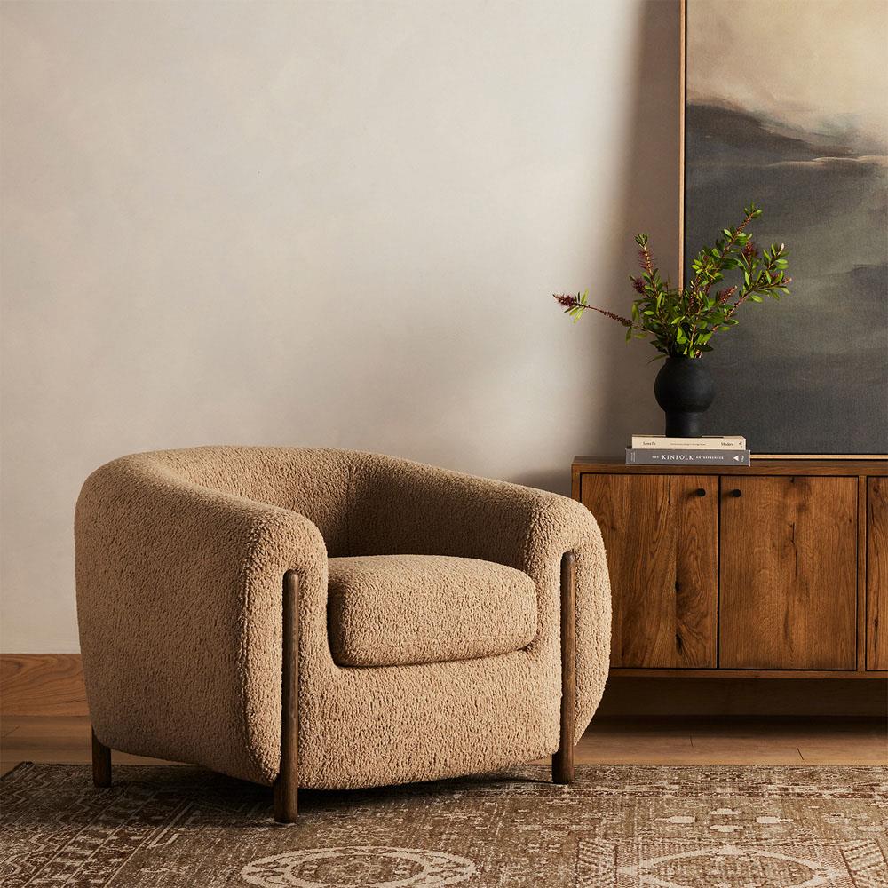 Riley Mid Century Modern Light Brown Upholstered Wood Barrel