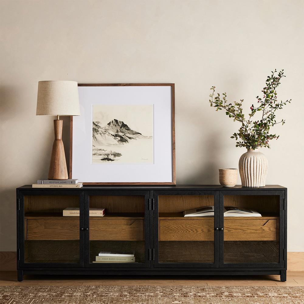 Clarence Rustic Lodge Black Oak Wood Clear Glass 4 Door