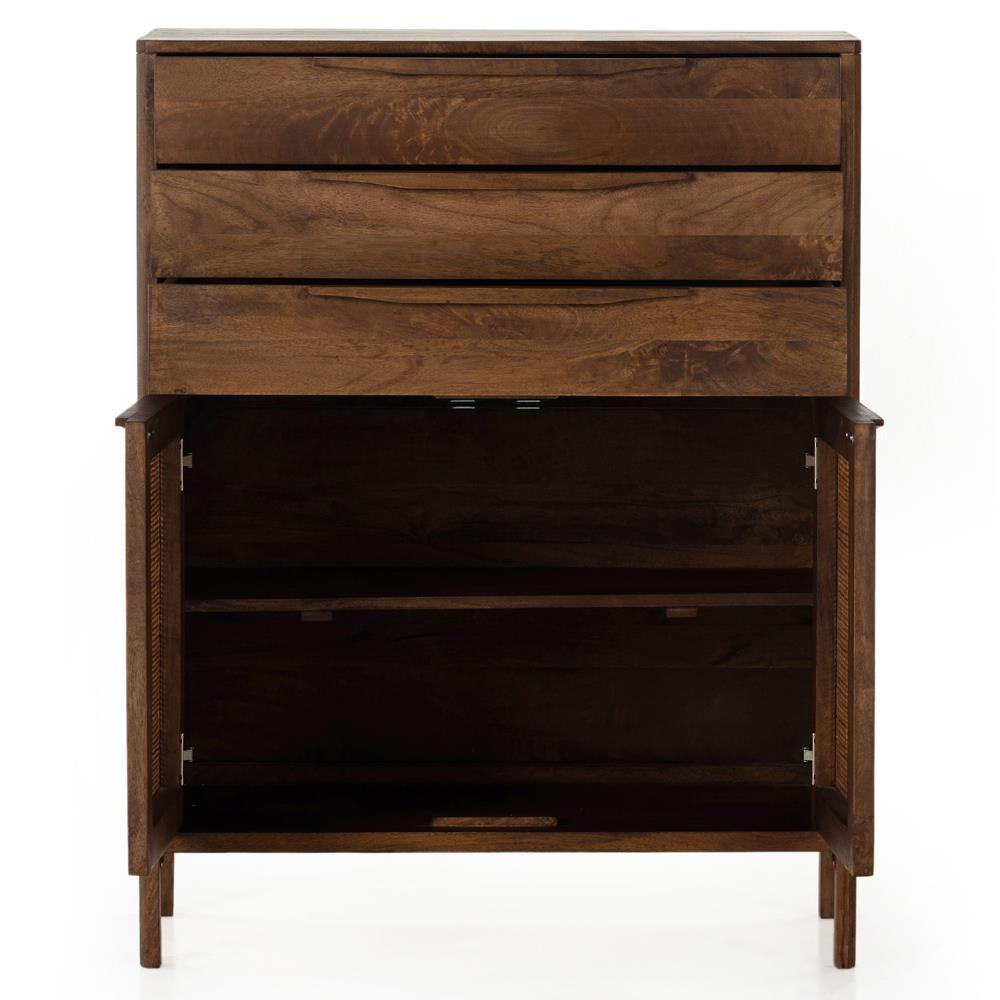 Rhian Coastal Beach Brown Woven Cane Mango Wood 3 Drawer Tall Chest Dresser|