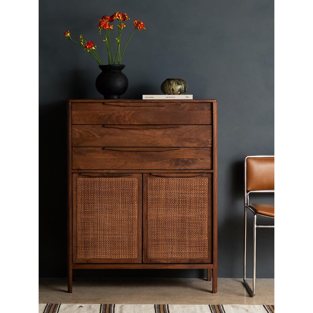 Rhian Coastal Beach Brown Woven Cane Mango Wood 3 Drawer Tall Chest Dresser|