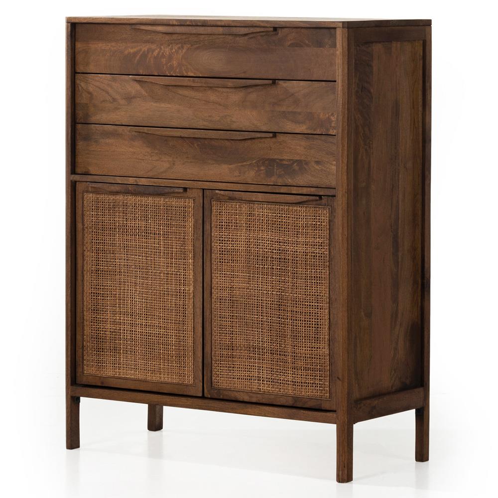 Rhian Coastal Beach Brown Woven Cane Mango Wood 3 Drawer Tall Chest Dresser|
