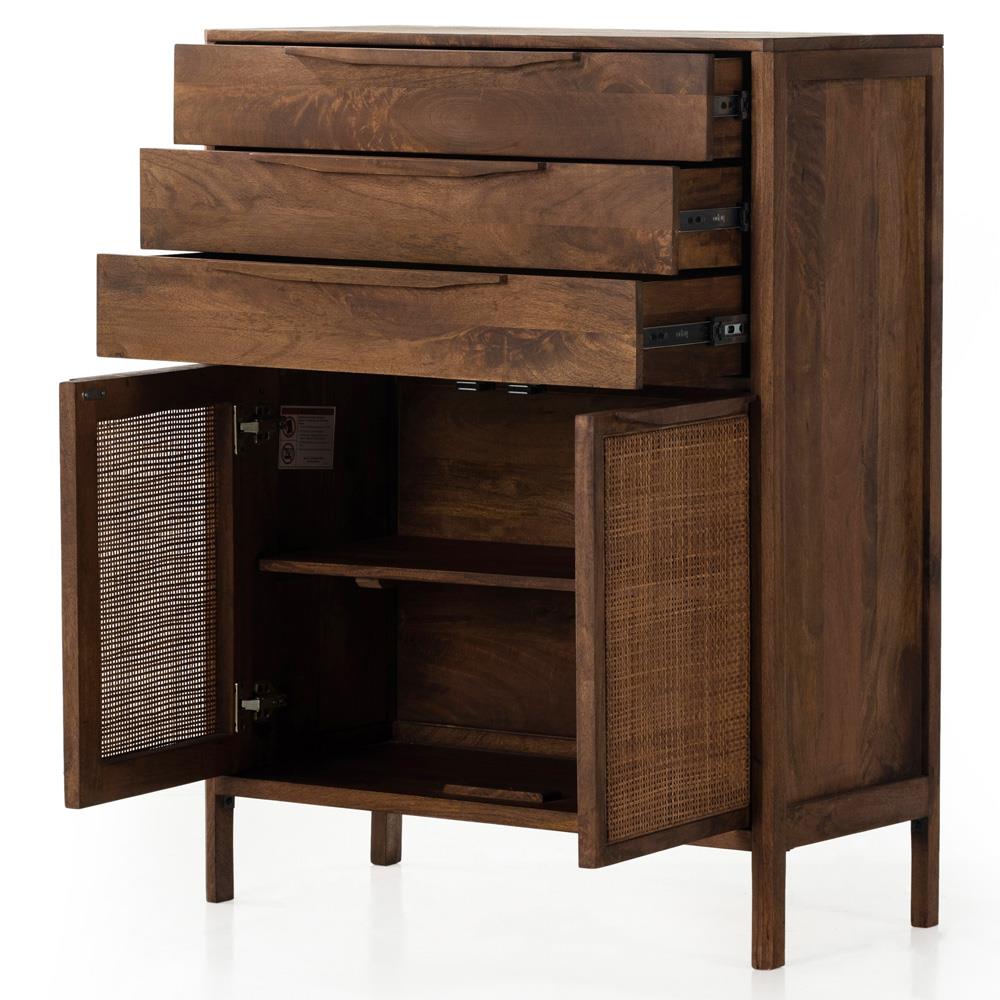 Rhian Coastal Beach Brown Woven Cane Mango Wood 3 Drawer Tall Chest Dresser|