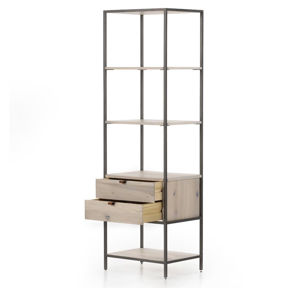 Theodore Industrial Loft Dove White Wood Grey Iron Frame 2 Drawer Display Bookcase|