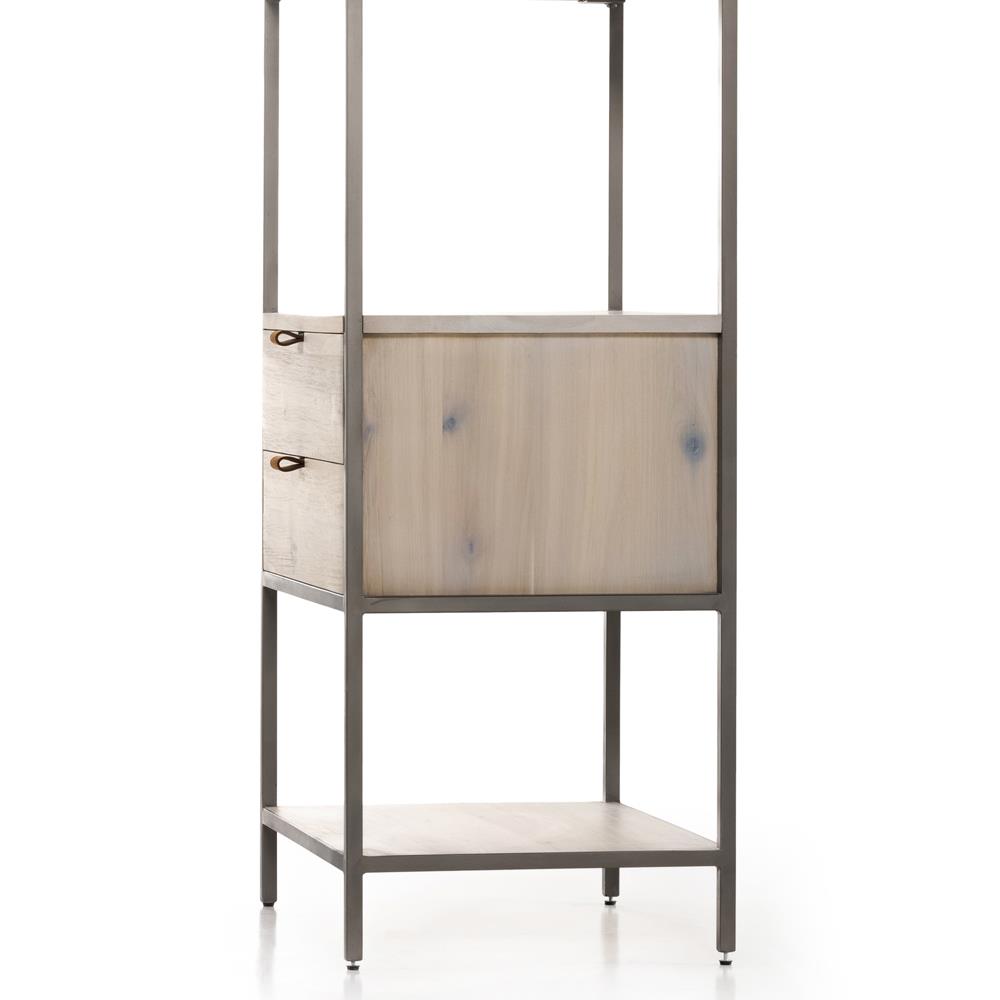 Theodore Industrial Loft Dove White Wood Grey Iron Frame 2 Drawer Display Bookcase|