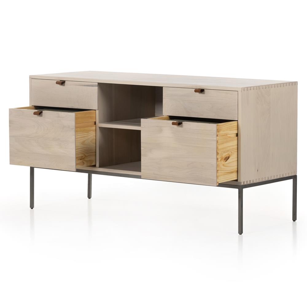 Theodore Industrial Loft Dove White Wood Grey Iron 4 Drawer Filing Credenza|