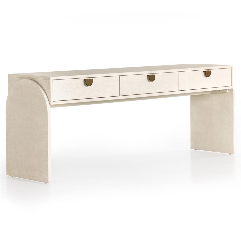 Maya Cream Painted Linen Mahogany Wood Brass Iron Pull 3 Drawer Console Table|