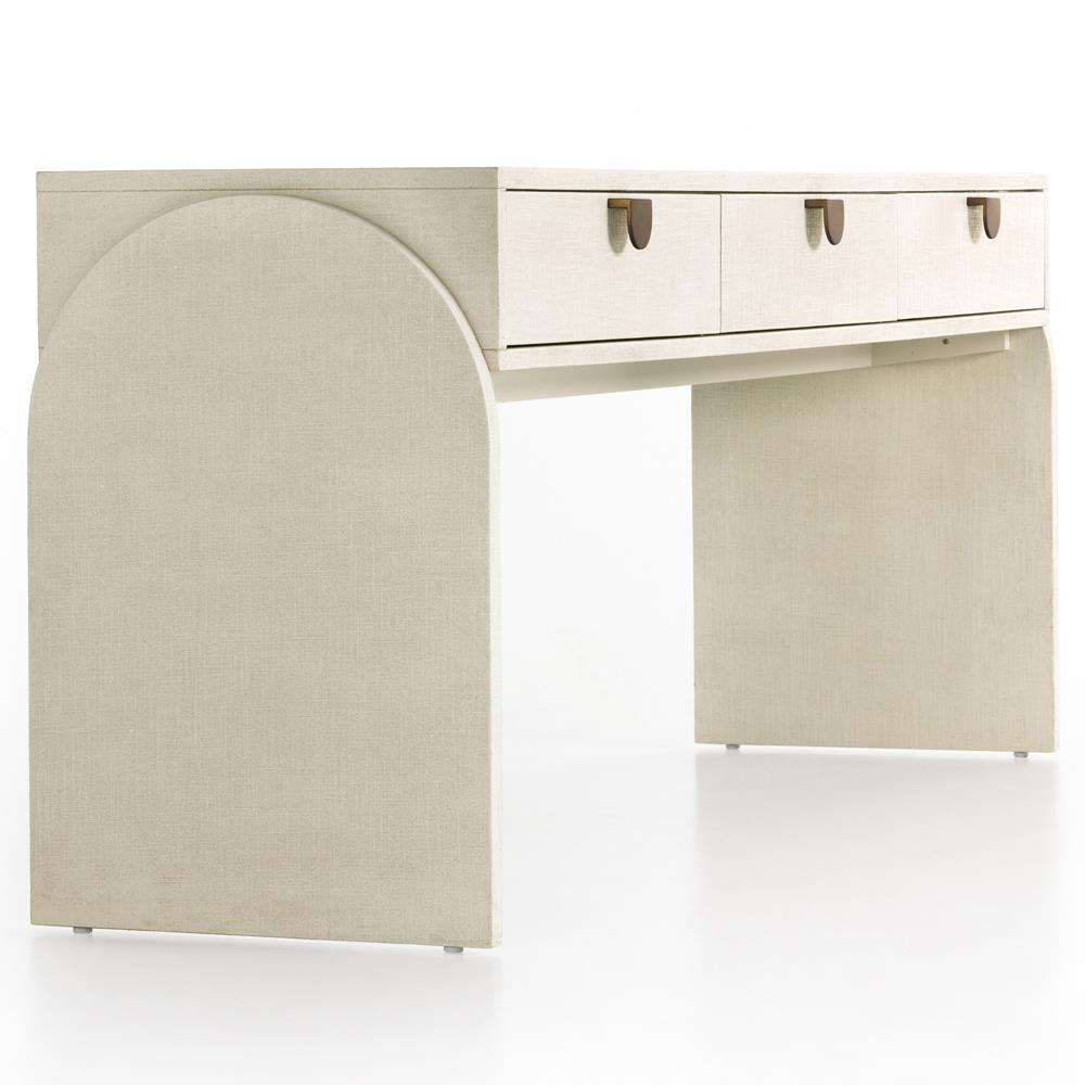 Maya Cream Painted Linen Mahogany Wood Brass Iron Pull 3 Drawer Console Table|