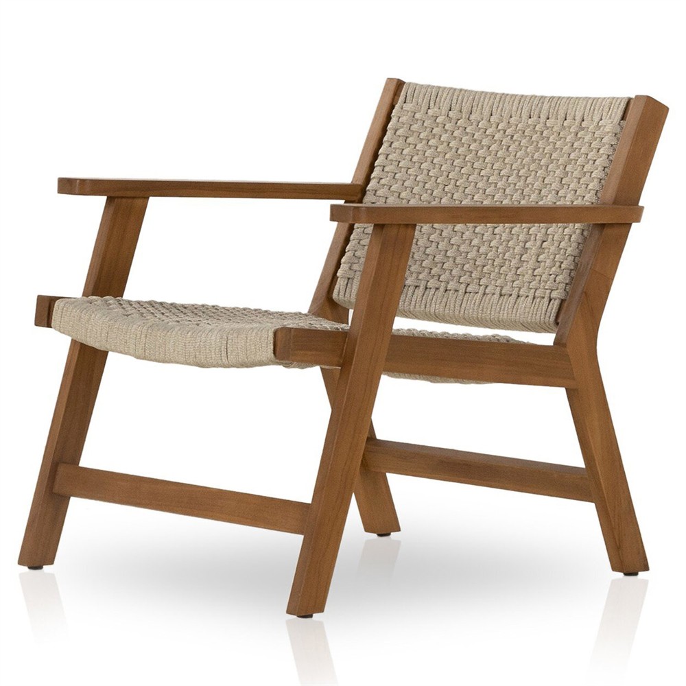 Dion Coastal Beach Light Brown Woven Rope Natural Teak Wood Outdoor Arm Chair|