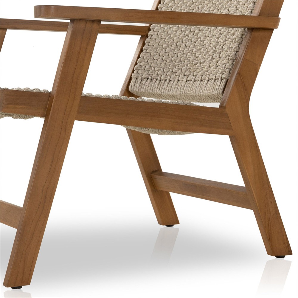 Dion Coastal Beach Light Brown Woven Rope Natural Teak Wood Outdoor Arm Chair|
