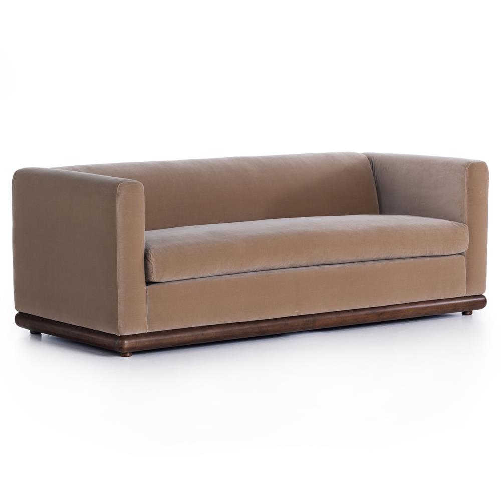 Jordane Mid Century Modern Taupe Upholstered Velvet Brown Wood Base Sofa - 83"W|