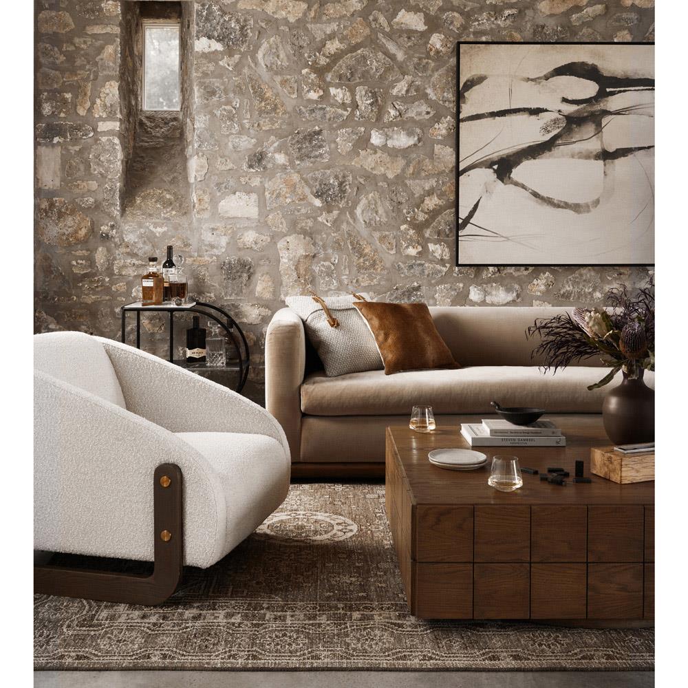 Jordane Mid Century Modern Taupe Upholstered Velvet Brown Wood Base Sofa - 83"W|