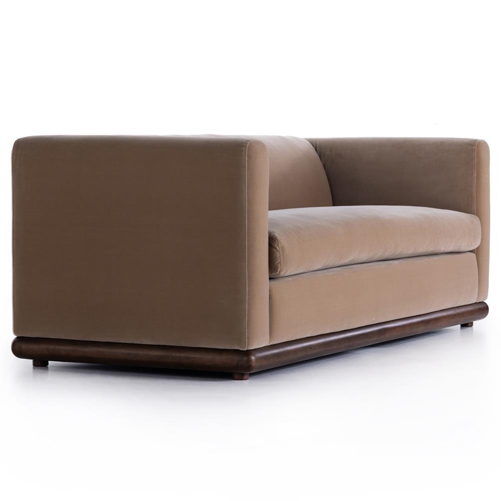 Jordane Mid Century Modern Taupe Upholstered Velvet Brown Wood Base Sofa - 83"W|