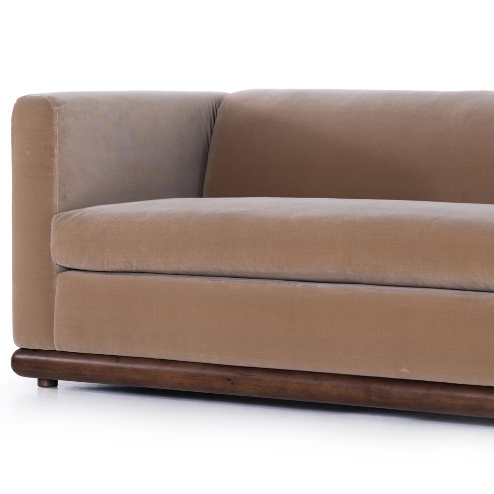 Jordane Mid Century Modern Taupe Upholstered Velvet Brown Wood Base Sofa - 83"W|