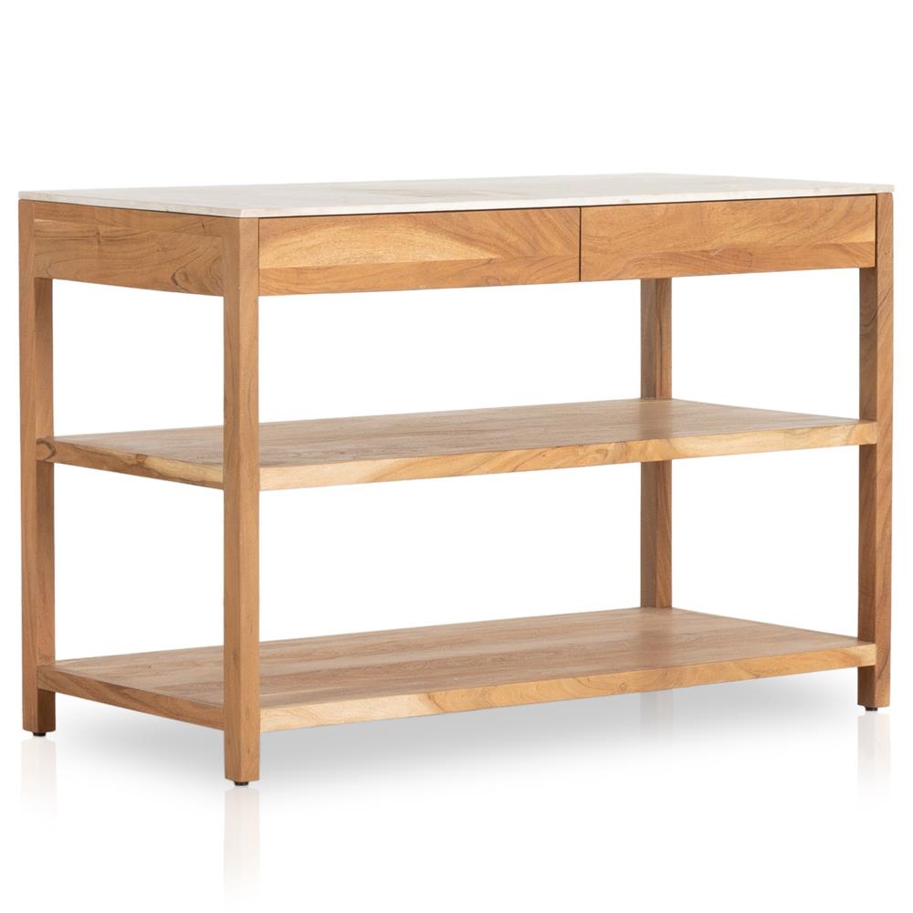 Sohail Coastal Beach White Marble Brown Acacia Wood Kitchen Island - 54"|