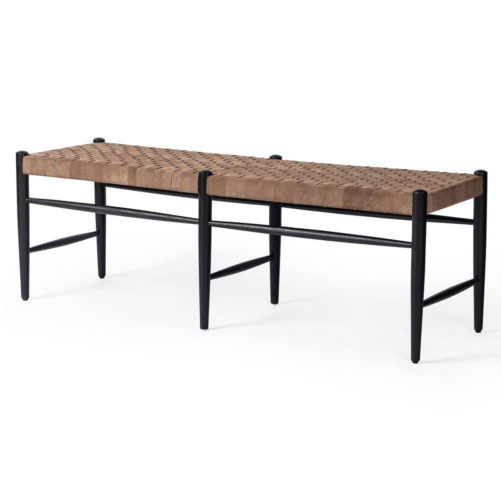 Lara Coastal Beach Brown Woven Leather Seat Black Oak Wood Frame Bench|