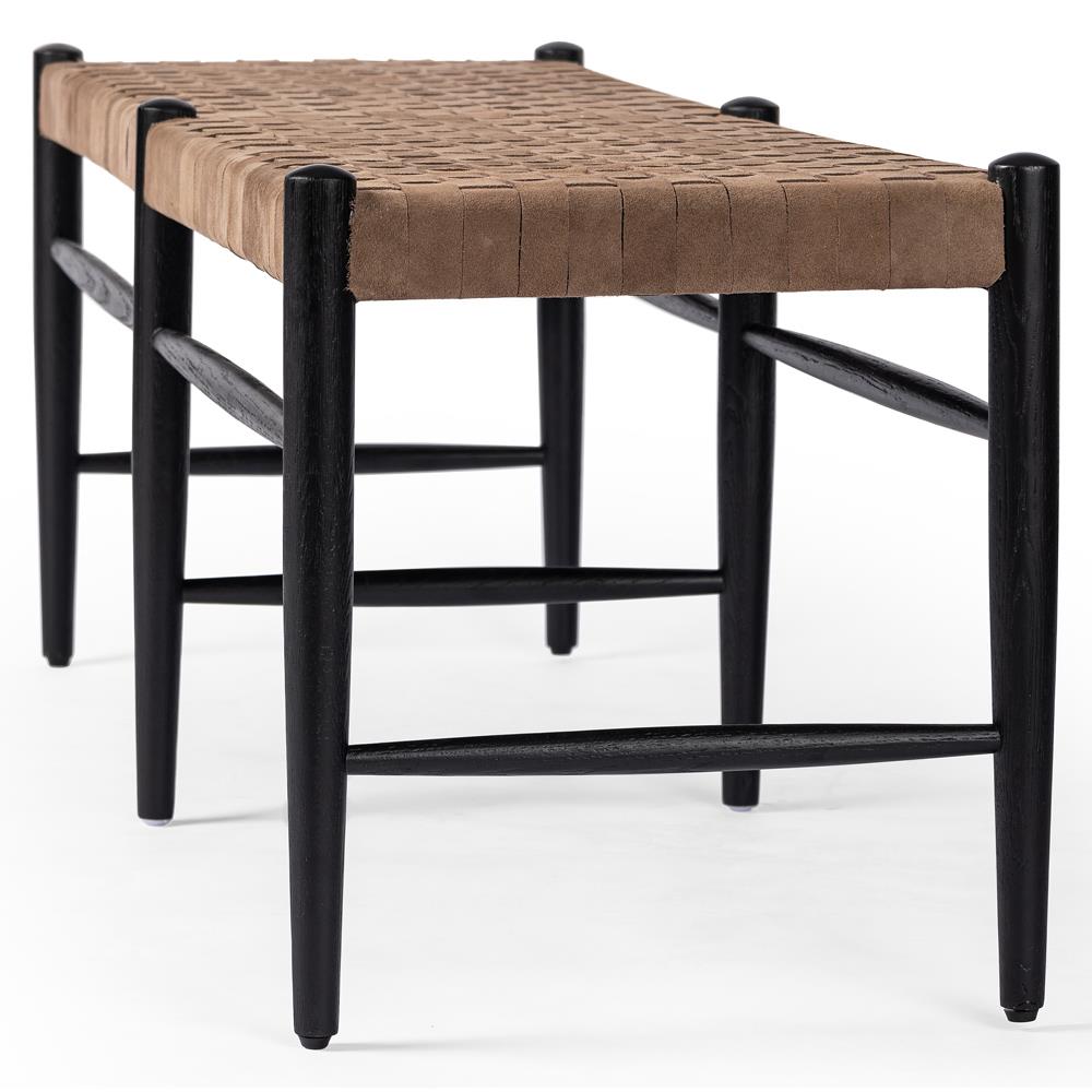 Lara Coastal Beach Brown Woven Leather Seat Black Oak Wood Frame Bench|