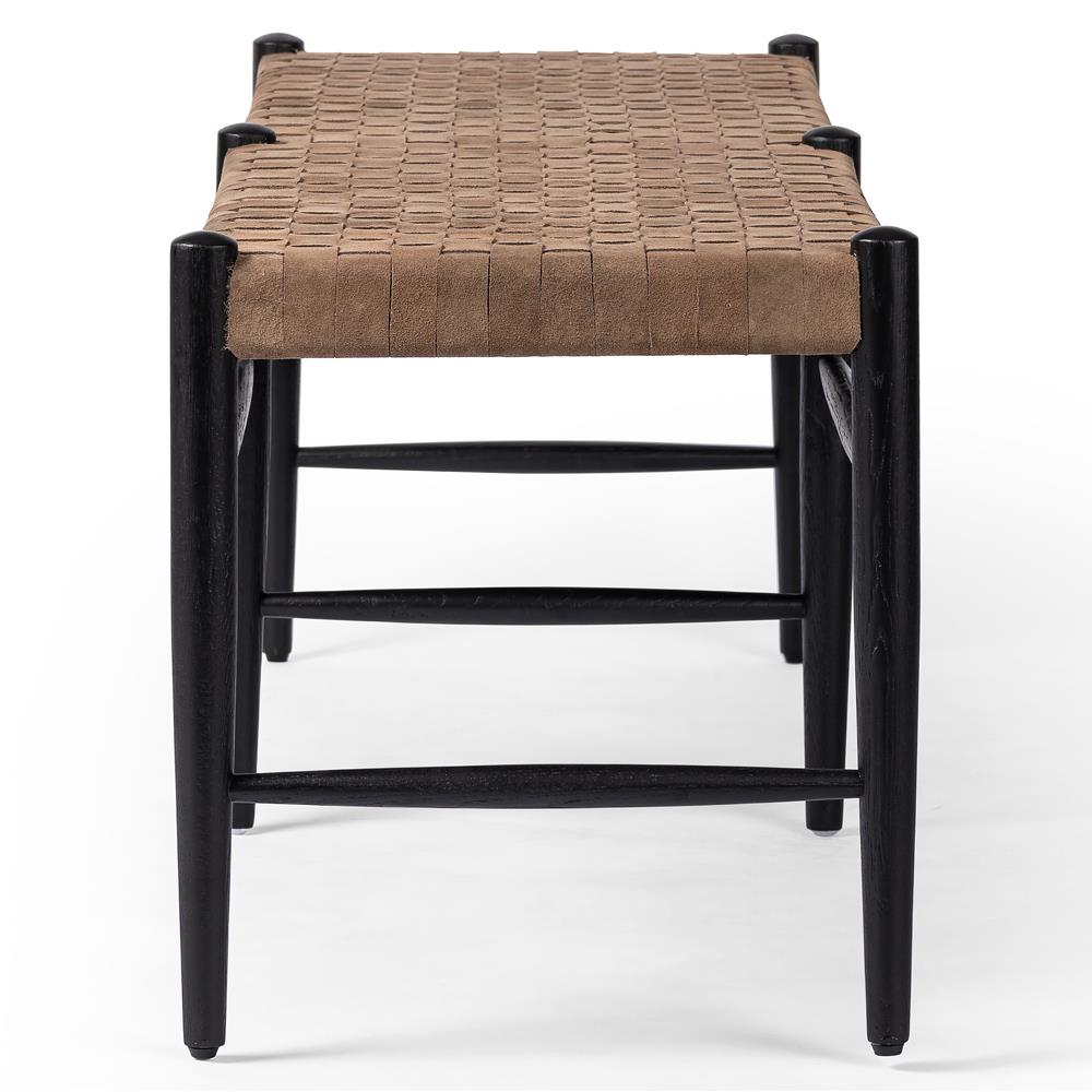 Lara Coastal Beach Brown Woven Leather Seat Black Oak Wood Frame Bench|