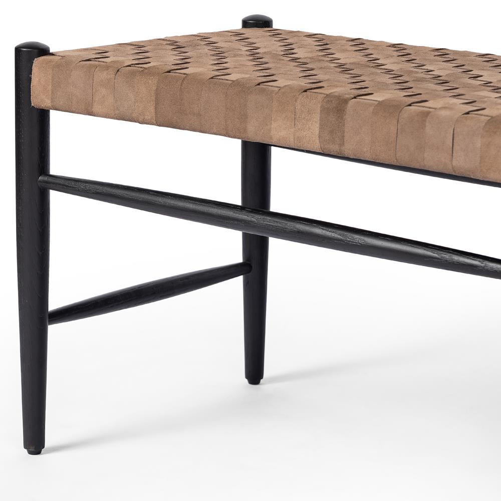 Lara Coastal Beach Brown Woven Leather Seat Black Oak Wood Frame Bench|
