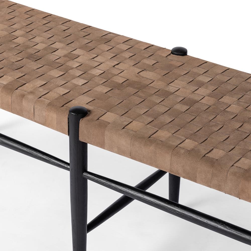 Lara Coastal Beach Brown Woven Leather Seat Black Oak Wood Frame Bench|