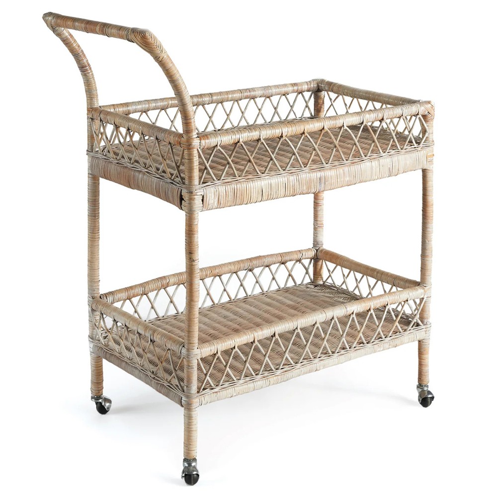 Neriya Coastal Beach Whitewash Rattan 2 Tier Woven Bar Cart|